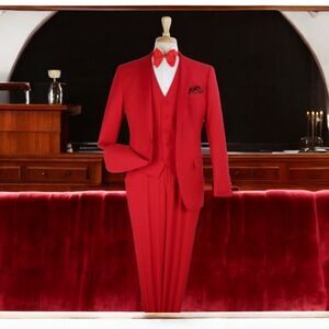 MEN'S ROYAL DIAMOND 3 PIECE SOLID RED 1 BUTTON VESTED SHAWL TUXEDO. TU-4.